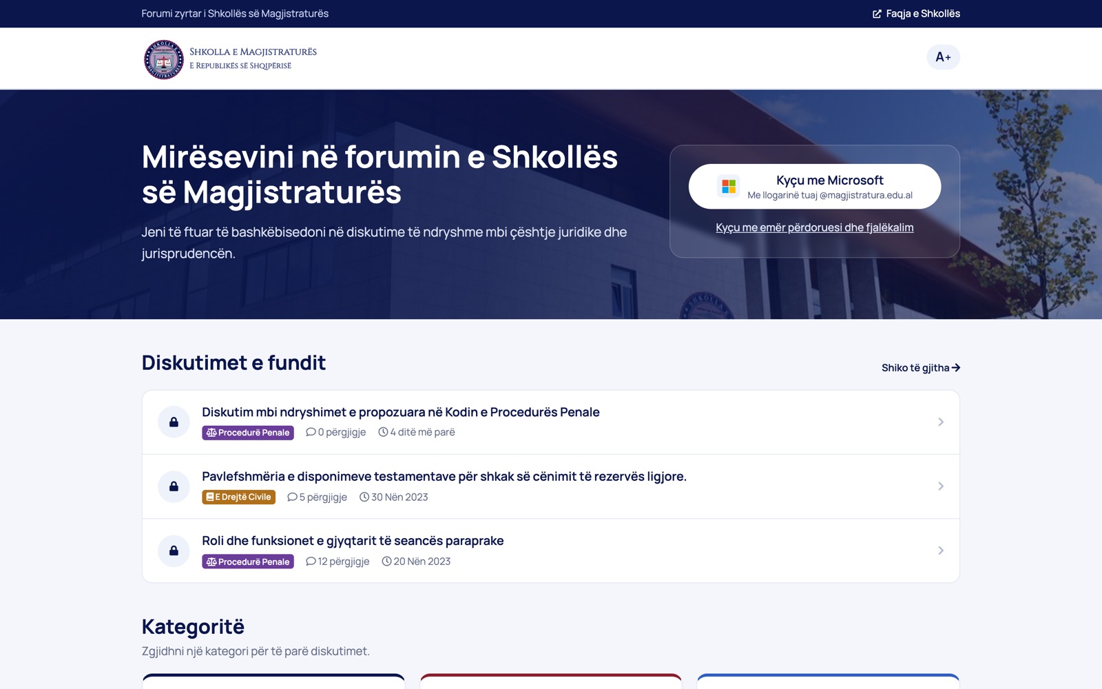 The platform's front page: School of Magistrates Forum